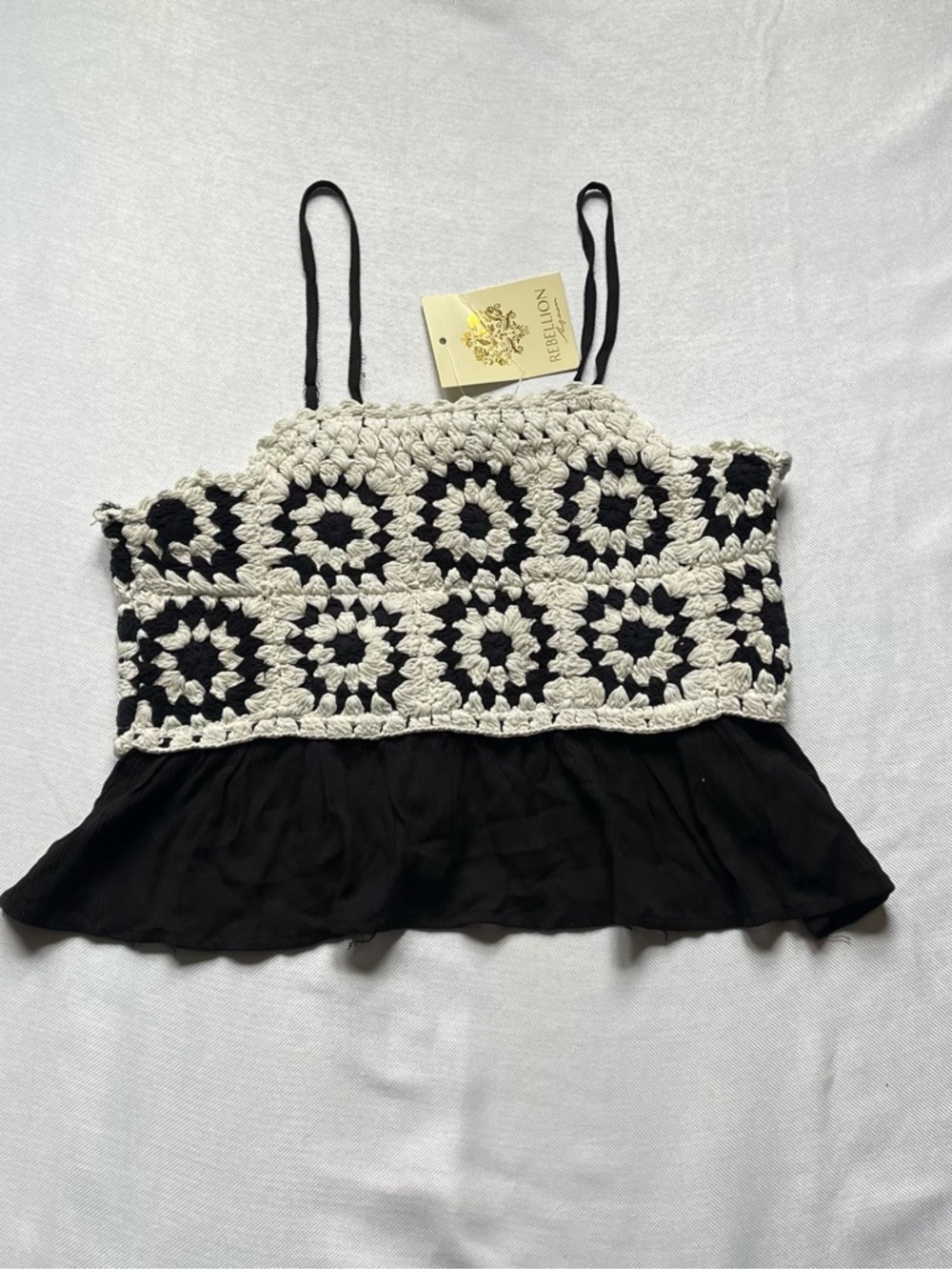 Rebellion Black  & Cream Crochet Crop Top Boho Festival  Whimsygoth Witchy